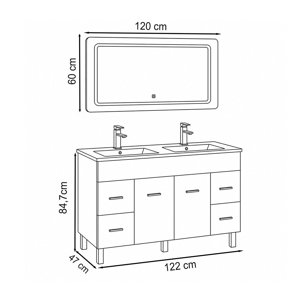 Komplett fürdőszoba bútor méretábra 122 × 47 × 84,7 cm, a tükör mérete 120 × 60 cm - Homelux, NEOVIS120STST