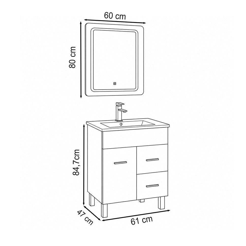 Komplett fürdőszoba bútor méretábra 61 × 47 × 84,7 cm, tükör 60 × 80 cm - Homelux, NEOVIS60STST