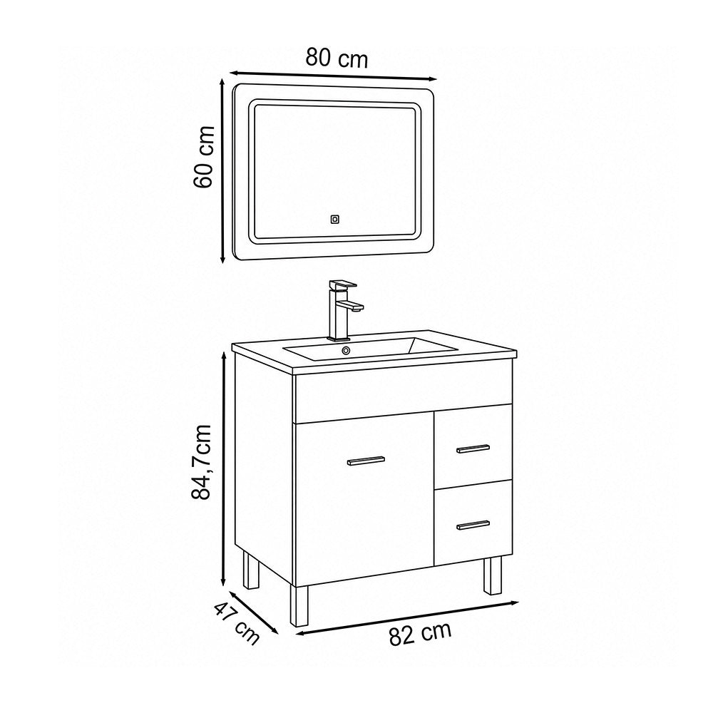 Komplett fürdőszobabútor méretábra 82 × 47 × 84,7 cm, tükör 80 × 60 cm - Homelux, NEOVIS80STF